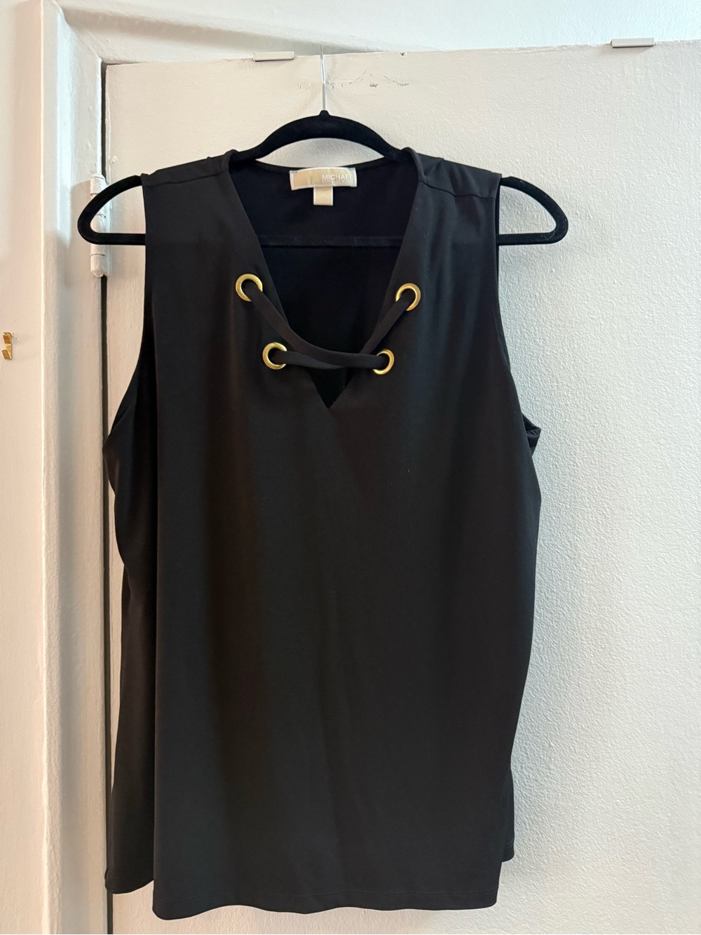 Michael Kors Black Sleeveless V-Neck Top with Gold Eyelets